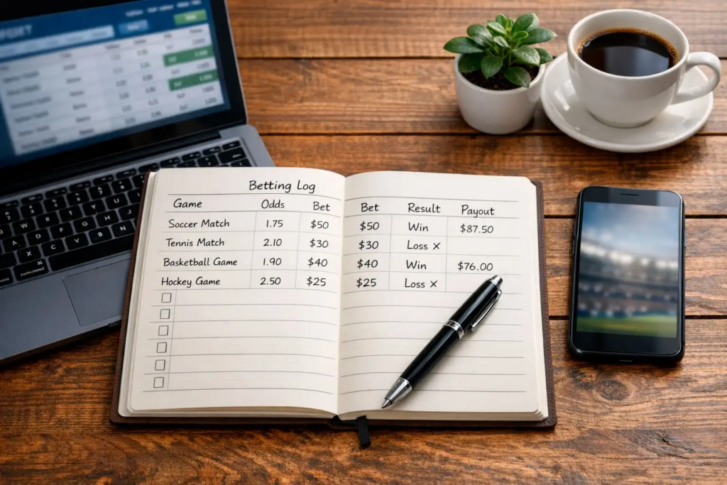 Organized notebook with handwritten betting records and unit tracking next to a laptop