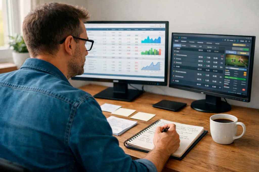 Sports analyst studying NFL statistics and line movements on multiple monitors