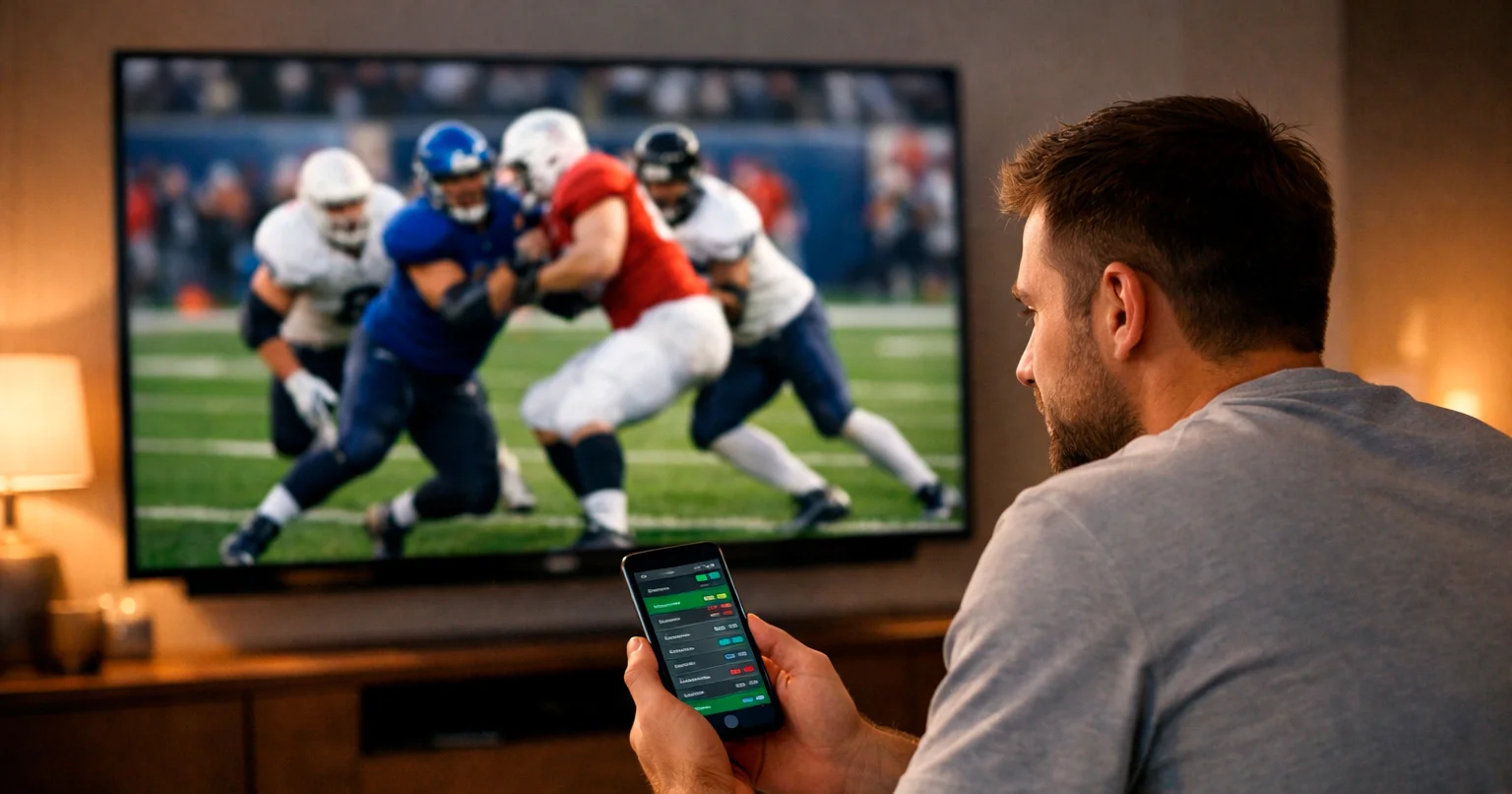 Fan watching NFL game on TV while checking live betting odds on phone