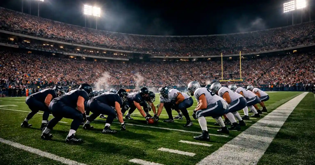 Packed NFL stadium under bright lights with fans cheering during a night game
