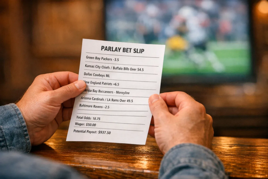 Close-up of a person reviewing multiple NFL games on a betting slip