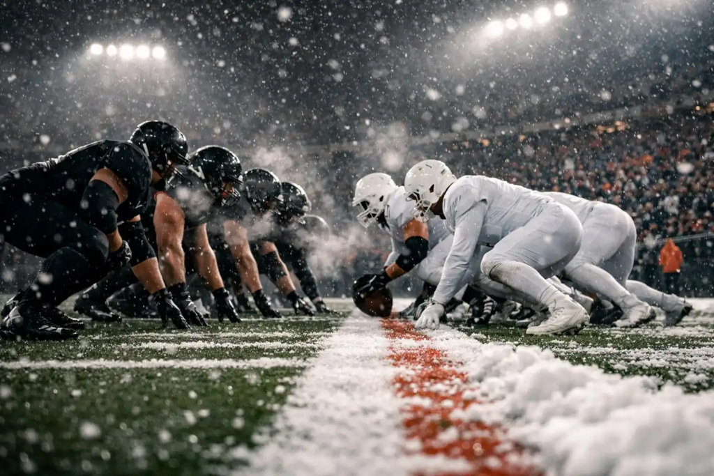 Intense NFL playoff game with snow falling on the field and players in formation