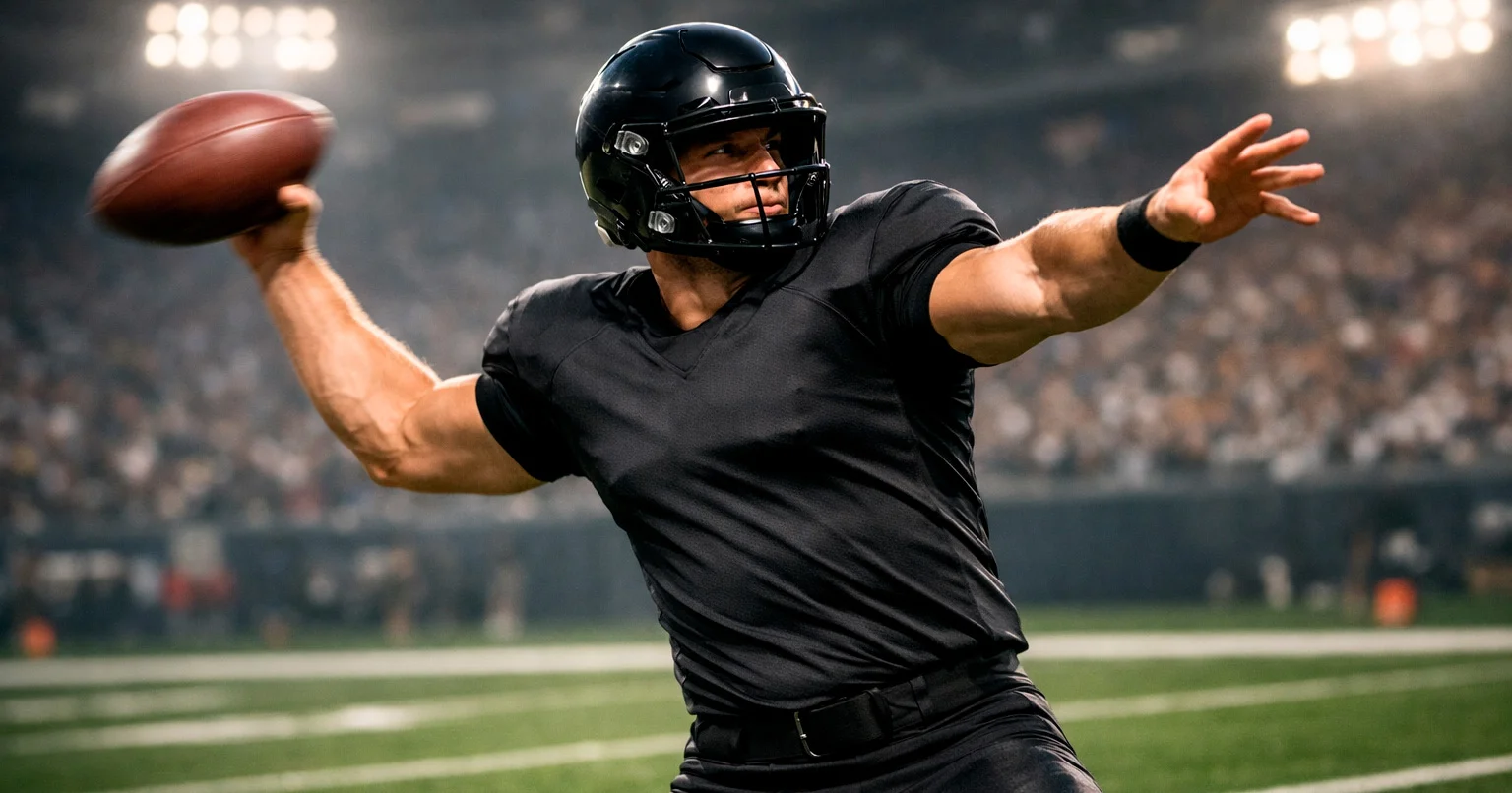 NFL quarterback throwing football with player statistics overlay concept