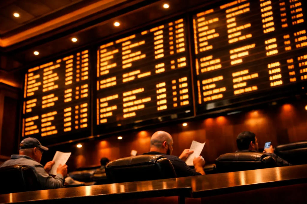 Modern sportsbook interior with large screens showing NFL betting lines and odds