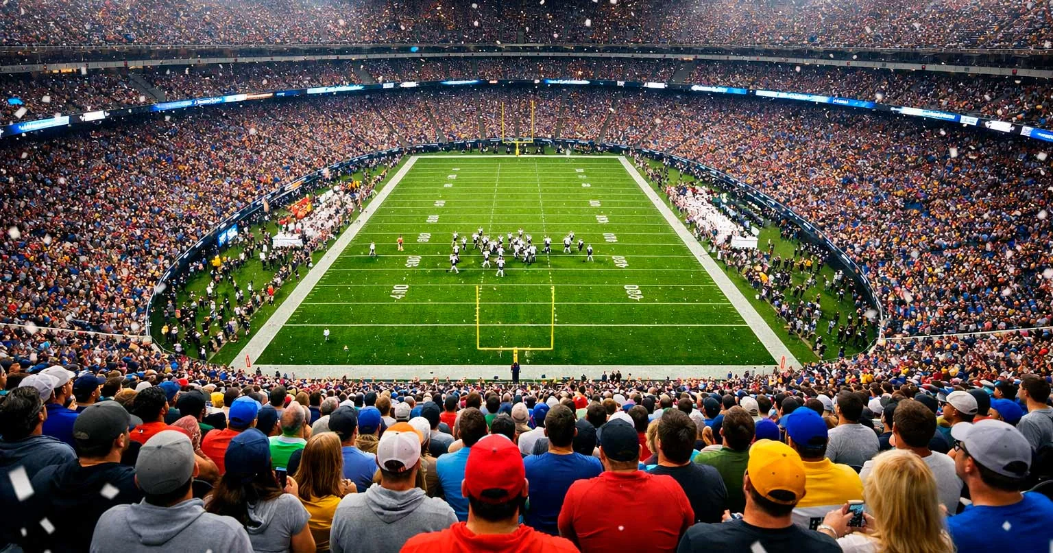 Packed Super Bowl stadium with fans cheering under bright lights